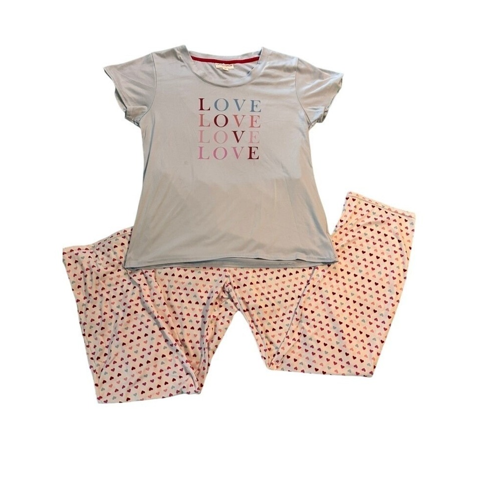 Laura Ashley Womens Pajama Set Blue Love Graphic Tee‎ Heart Print Pants Medium